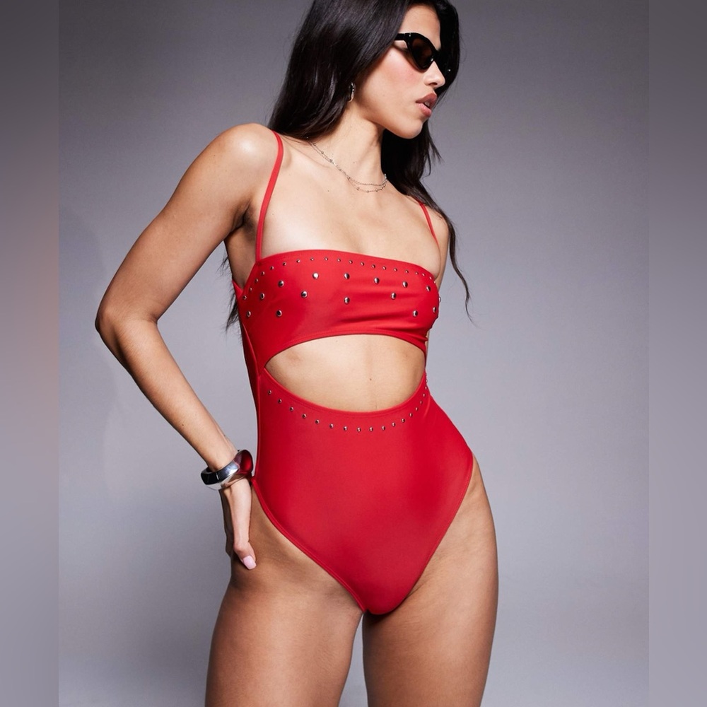 Red Stud-Accent Cutout One-Piece Swimsuit